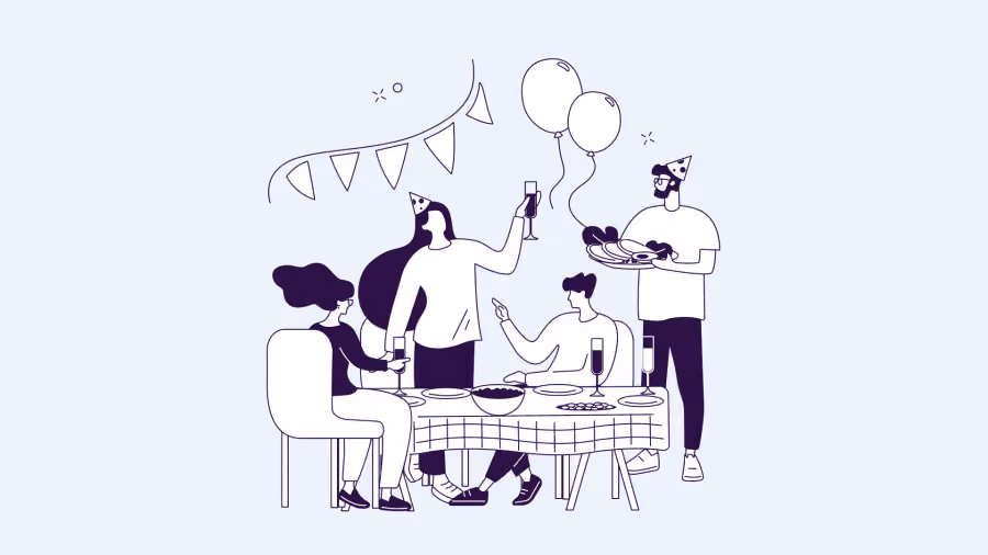 Ilustração de traço de cinco pessoas brindando em volta de mesa de confraternização, com bandeirinhas, balões e chapéus de festa