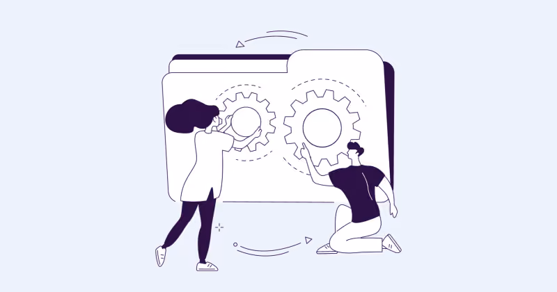Ilustração de traço de duas pessoas ajustando engrenagens sobre uma pasta de documentos aberta e ampliada