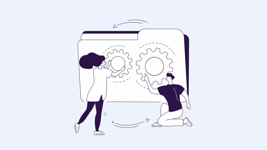 Ilustração de traço de duas pessoas ajustando engrenagens sobre uma pasta de documentos aberta e ampliada