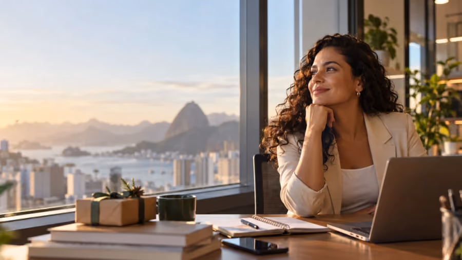 Foto de mulher sorrindo com a mão no queixo, sentada a uma mesa de escritório com notebook e caixa de presente, diante de janela com vista para o Pão de Açúcar