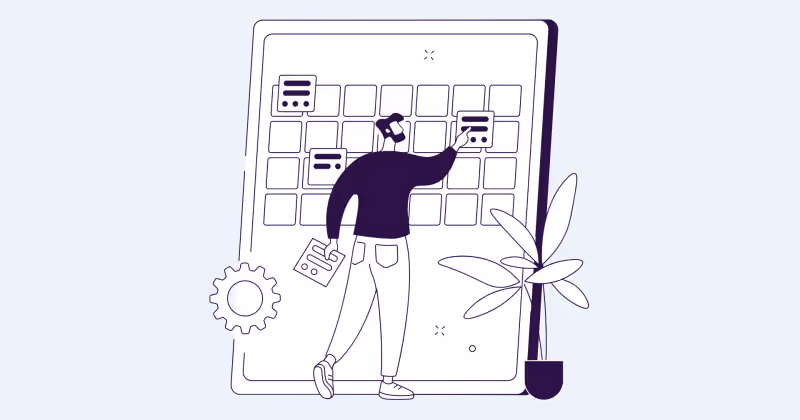 Ilustração de traço de pessoa marcando datas em um calendário de parede ampliado, com prancheta na mão, engrenagem e vaso de planta