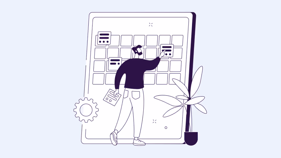 Ilustração de traço de pessoa marcando datas em um calendário de parede ampliado, com prancheta na mão, engrenagem e vaso de planta