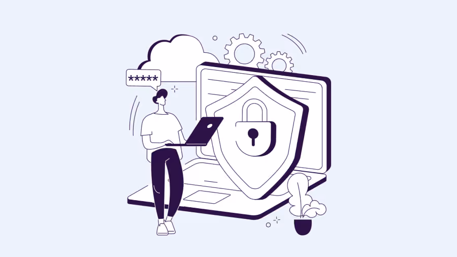 Ilustração de pessoa com notebook ao lado de tela grande exibindo escudo com cadeado, ícone de segurança e balão de avaliação com estrelas