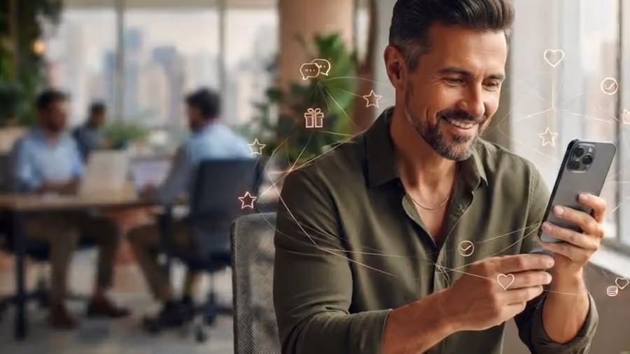 Foto de homem sorrindo enquanto olha o celular em um escritório, com ícones de presente, coração e estrela ao redor e colegas ao fundo