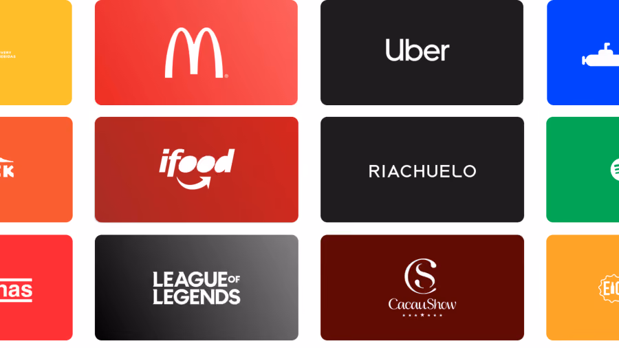Mosaico de cartões-presente de marcas como McDonald's, Uber, iFood, Riachuelo, Spotify e Cacau Show sobre fundos coloridos