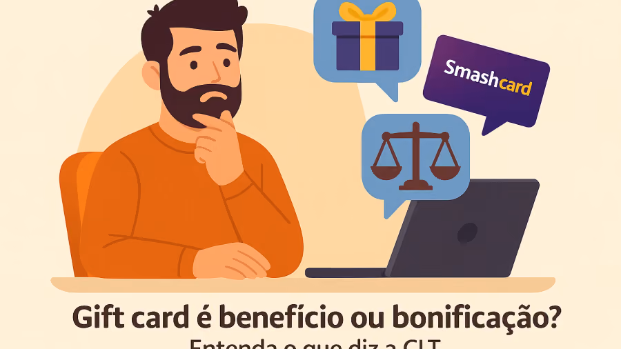 Ilustração de homem barbudo pensativo diante de notebook, com balões mostrando caixa de presente, balança da justiça e cartão Smashcard