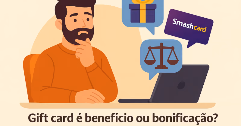 Ilustração de homem barbudo pensativo diante de notebook, com balões mostrando caixa de presente, balança da justiça e cartão Smashcard