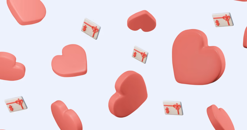 Padrão de corações rosados em três dimensões espalhados sobre fundo azul claro, entremeados por pequenos envelopes de presente
