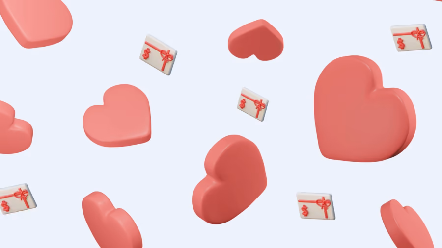 Padrão de corações rosados em três dimensões espalhados sobre fundo azul claro, entremeados por pequenos envelopes de presente