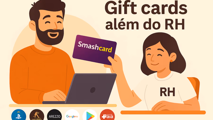 Ilustração de homem erguendo cartão Smashcard ao lado de colega com camiseta marcada RH, sobre fileira de logos de marcas parceiras