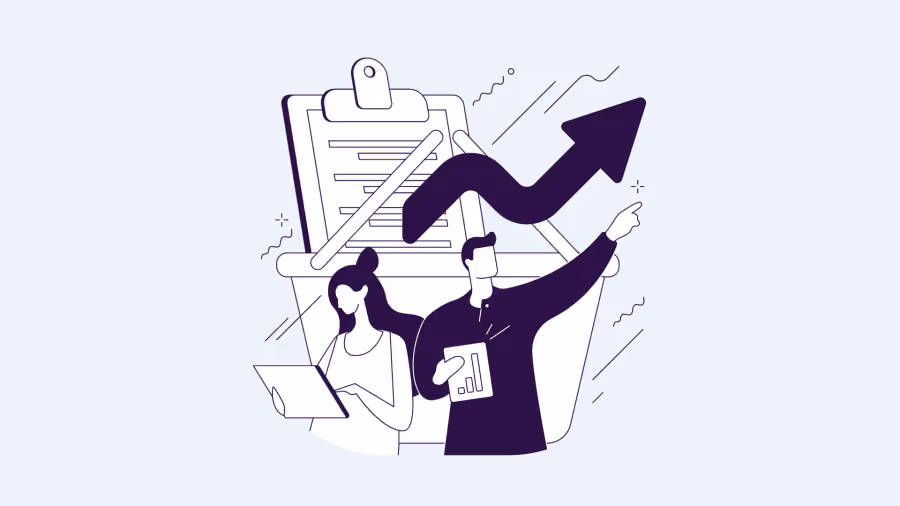 Ilustração em traço de duas pessoas diante de um relatório com grande seta ascendente em ziguezague