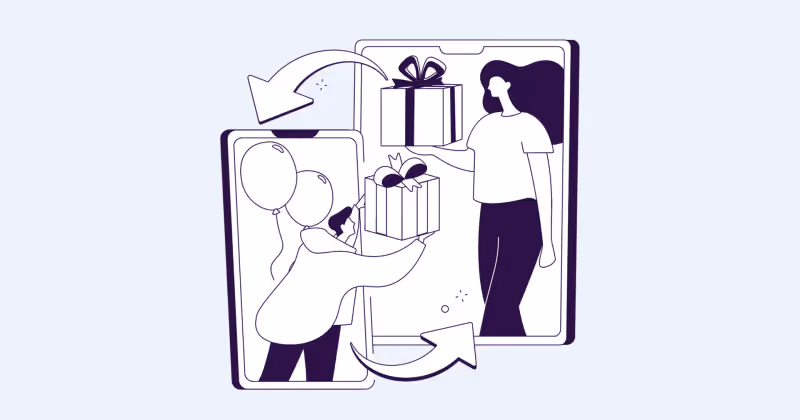 Ilustração em traço de duas pessoas em telas de celular trocando caixas de presente, ligadas por setas curvas em sentidos opostos