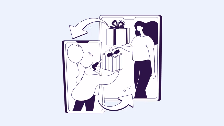 Ilustração em traço de duas pessoas em telas de celular trocando caixas de presente, ligadas por setas curvas em sentidos opostos
