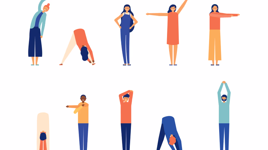 Ilustração de doze pessoas em roupas coloridas fazendo alongamentos em pé, com braços erguidos ou tronco inclinado