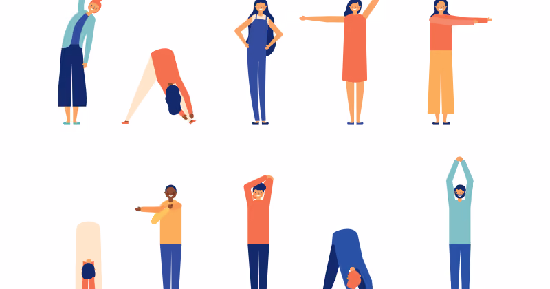 Ilustração de doze pessoas em roupas coloridas fazendo alongamentos em pé, com braços erguidos ou tronco inclinado