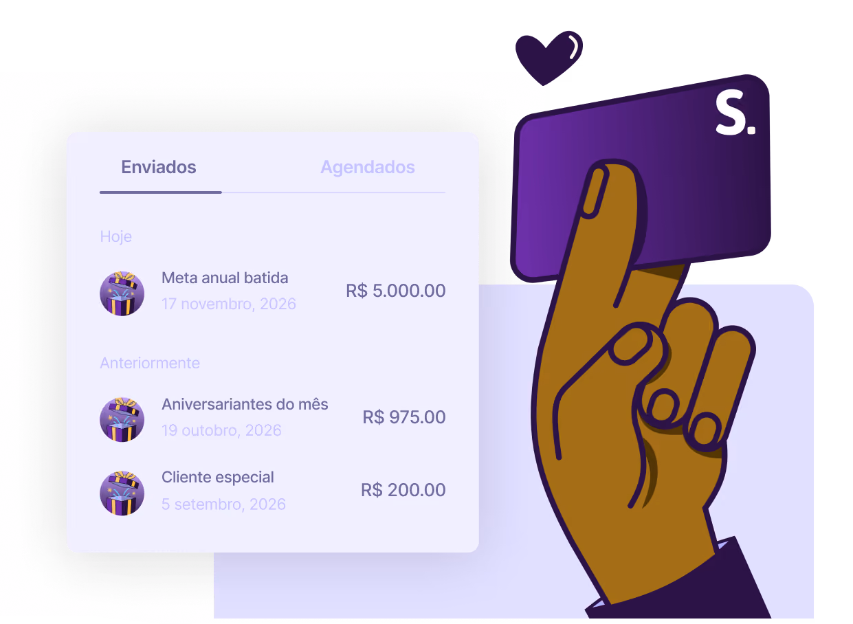Ilustração de uma mão segurando um cartão Smash ao lado do painel de envios, com as abas Enviados e Agendados e as ações já disparadas com data e valor