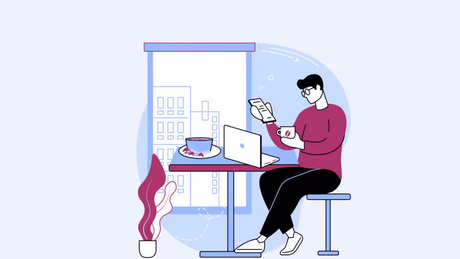 Ilustração de homem sentado à mesa com notebook, café e celular em casa, diante de janela com prédios ao fundo