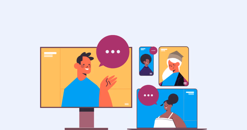 Ilustração de videoconferência com monitor exibindo homem falando e telas menores com outros participantes e balões de fala