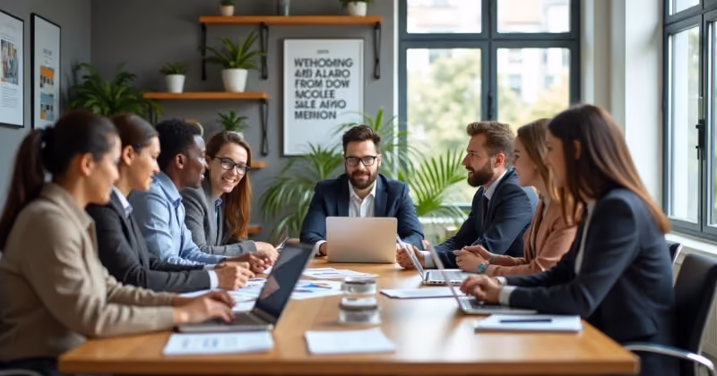 Foto de oito pessoas em traje social reunidas ao redor de mesa longa de reunião, com notebooks e relatórios impressos