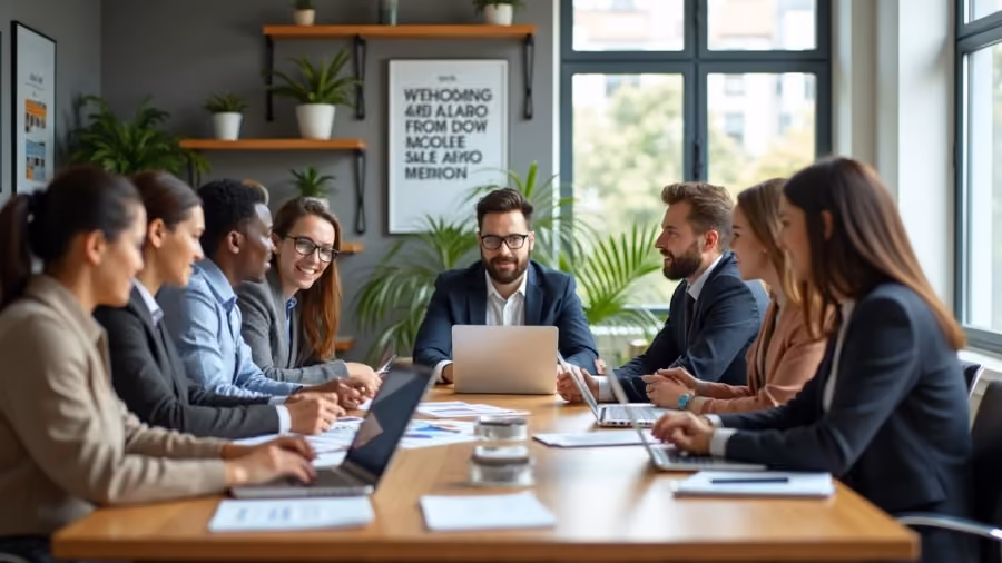 Foto de oito pessoas em traje social reunidas ao redor de mesa longa de reunião, com notebooks e relatórios impressos