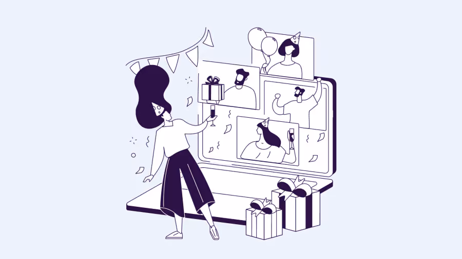 Ilustração em traço de mulher diante de monitor com videochamada de colegas segurando presentes, sob bandeirolas de festa