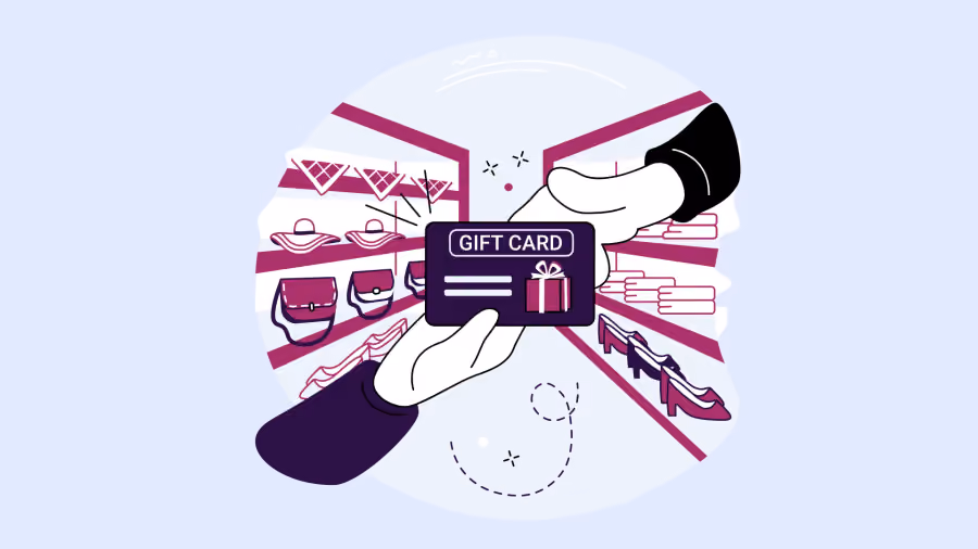 Ilustração de mãos segurando um cartão-presente escuro diante de prateleiras de sapatos em uma loja, com faixas magenta ao fundo