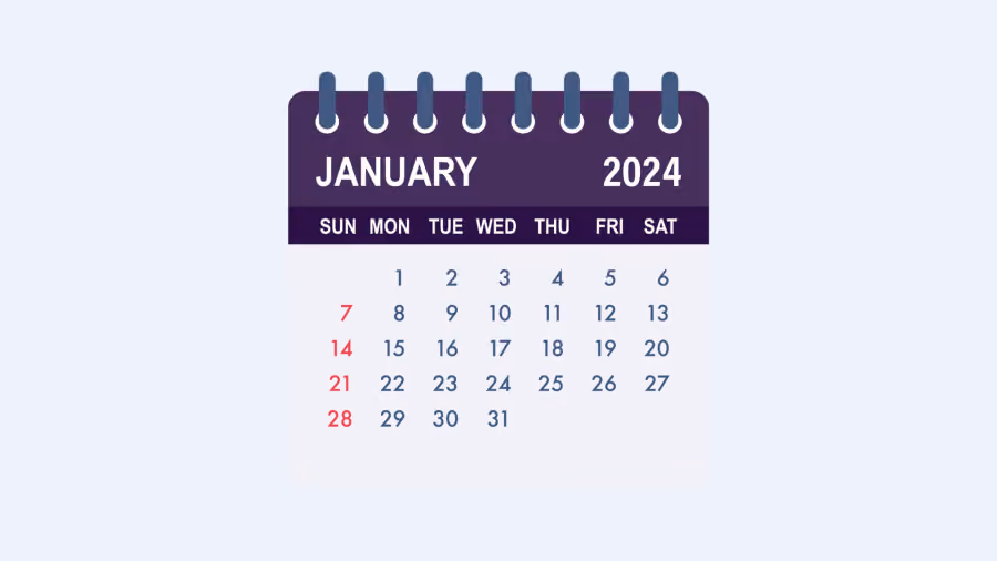 Ilustração de folha de calendário de janeiro de 2024 com cabeçalho roxo e domingos destacados em vermelho