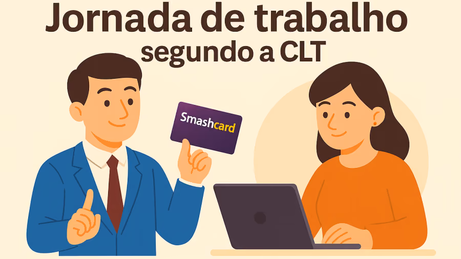 Ilustração de homem de terno azul erguendo o dedo e um cartão Smashcard ao lado de colega de blusa laranja usando notebook