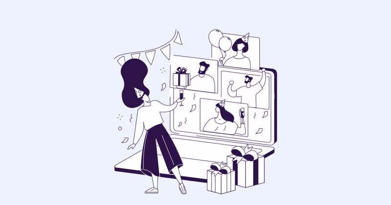 Ilustração de mulher diante de um monitor com videochamada festiva, entre bandeirinhas, balões e caixas de presente no chão