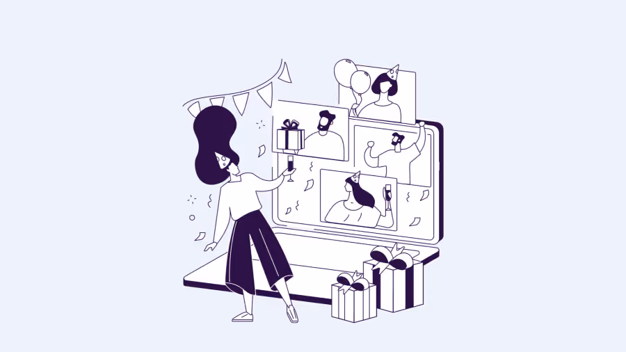 Ilustração de mulher diante de um monitor com videochamada festiva, entre bandeirinhas, balões e caixas de presente no chão