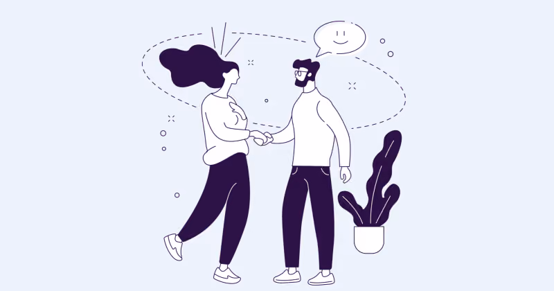 Ilustração de duas pessoas se cumprimentando com aperto de mão ao lado de um vaso de planta, com balão de fala acima
