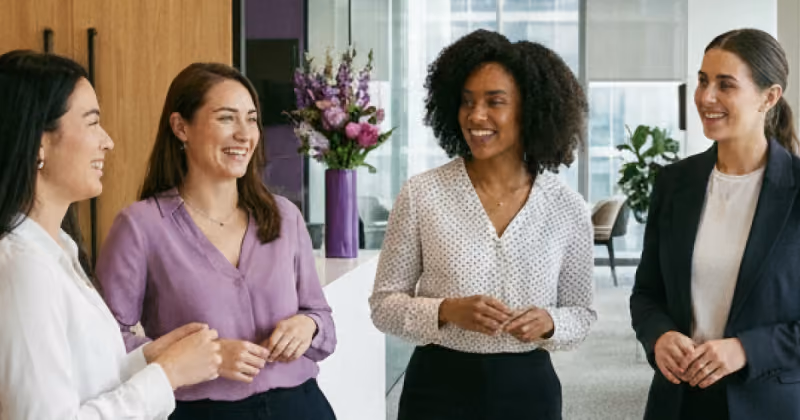 Foto de quatro mulheres conversando e sorrindo em um escritório, ao lado de um vaso com flores roxas