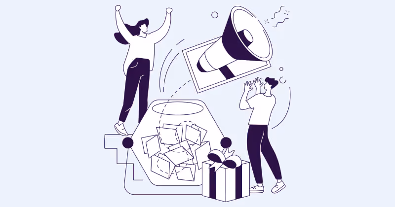 Ilustração de pessoas celebrando ao lado de um megafone gigante, com caixas de presente espalhadas e um pacote aberto