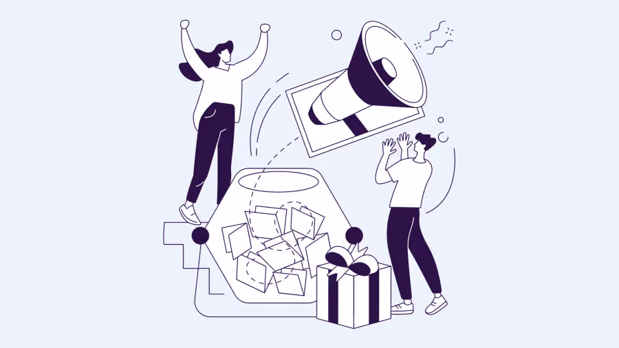 Ilustração de pessoas celebrando ao lado de um megafone gigante, com caixas de presente espalhadas e um pacote aberto