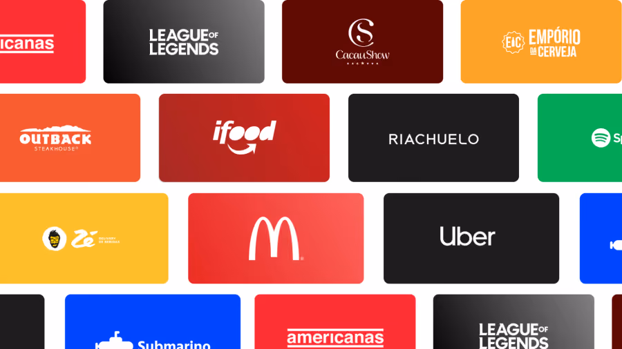 Mosaico de cartões presente de marcas como iFood, Uber, Riachuelo, Outback, Spotify e League of Legends