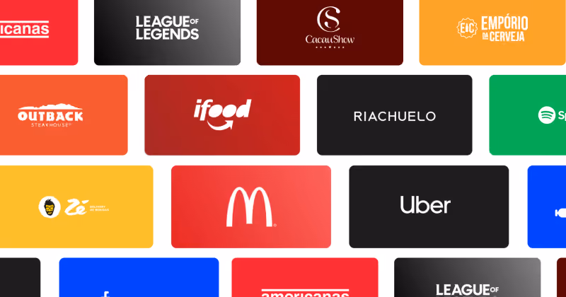 Mosaico de cartões presente de marcas como iFood, Uber, Riachuelo, Outback, Spotify e League of Legends