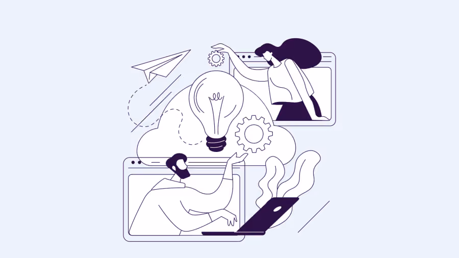 Ilustração de duas pessoas em janelas de navegador ligadas por uma nuvem com lâmpada e engrenagem, com avião de papel ao lado