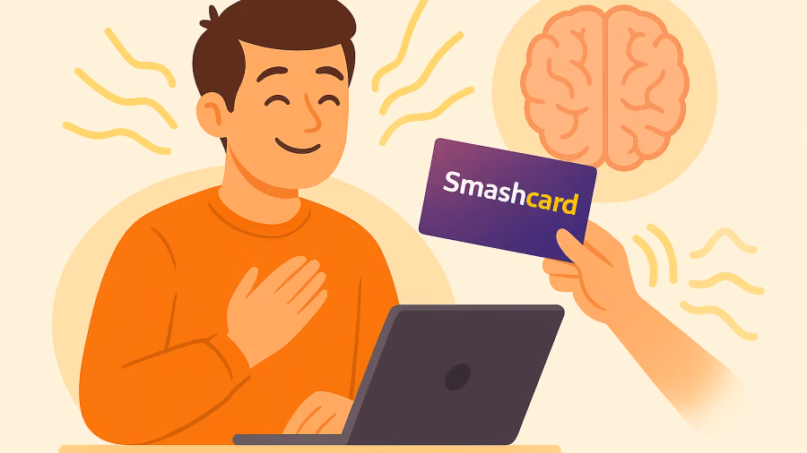 Ilustração de homem sorrindo diante de um laptop ao receber um cartão roxo Smashcard, com um cérebro desenhado ao lado