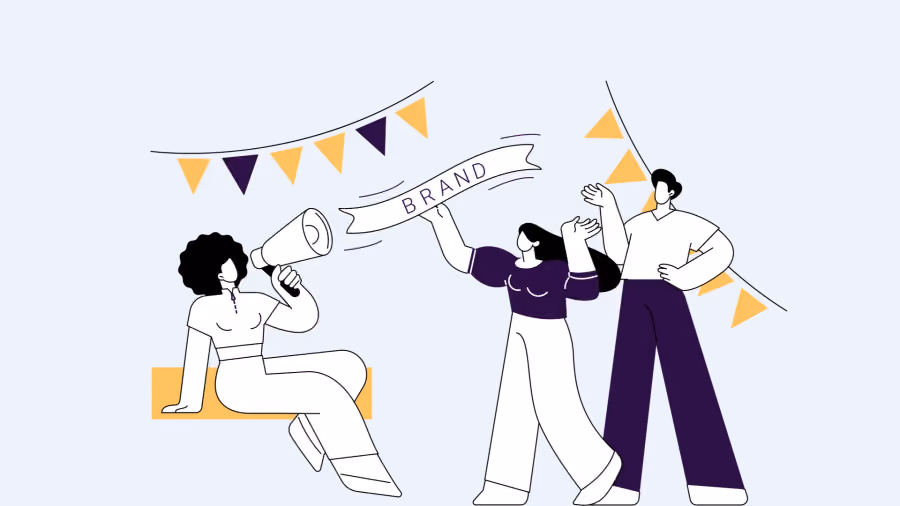 Ilustração de mulher com megafone diante de uma faixa escrita BRAND, enquanto duas pessoas comemoram sob bandeirinhas