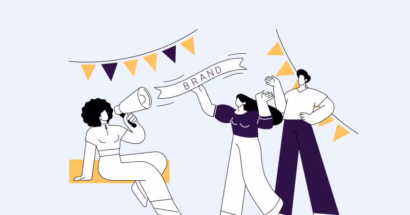 Ilustração de mulher com megafone diante de uma faixa escrita BRAND, enquanto duas pessoas comemoram sob bandeirinhas