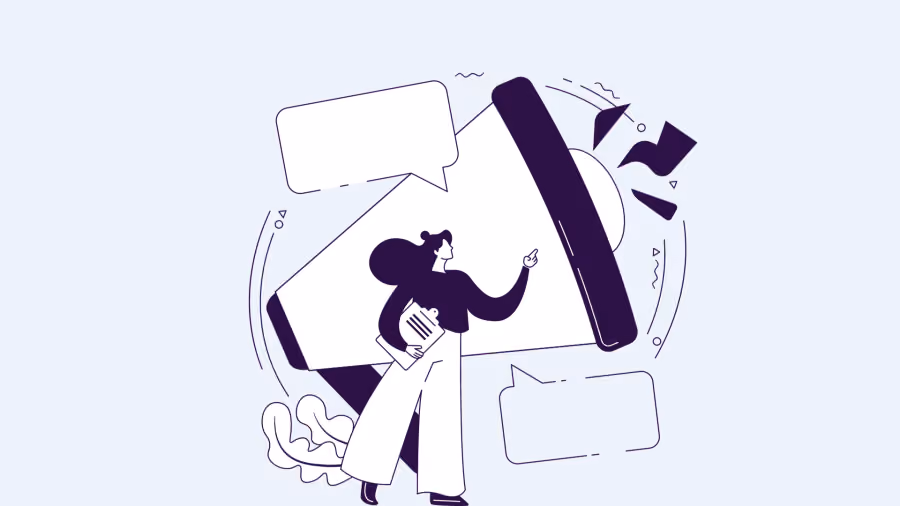 Ilustração de mulher anotando em uma prancheta apoiada em um megafone gigante, com balão de fala ao lado