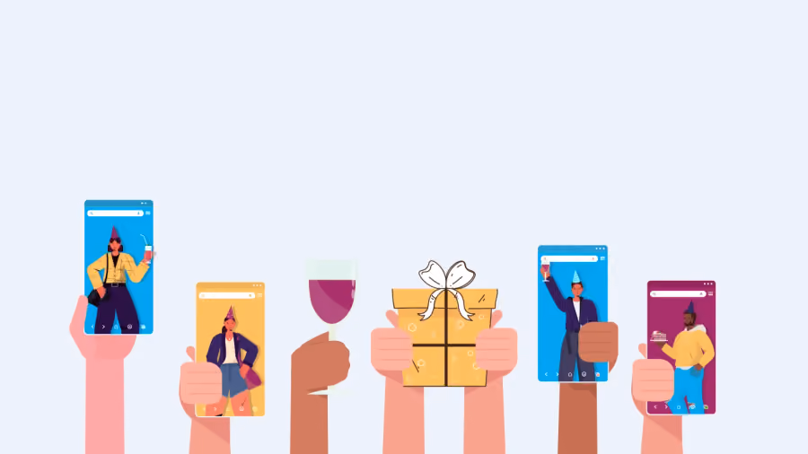 Ilustração de várias mãos erguidas segurando celulares com pessoas festejando, uma taça de vinho e uma caixa de presente