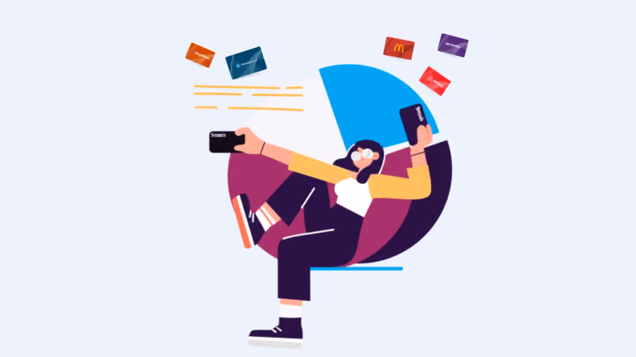 Ilustração de mulher equilibrando dois celulares enquanto cartões presente de marcas flutuam ao seu redor