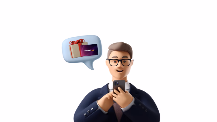 Ilustração 3D de homem de terno e óculos segurando celular, com balão mostrando um presente e um cartão Smash roxo