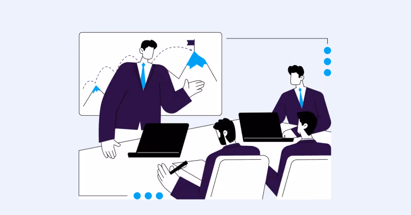 Ilustração de homem de terno apresentando um gráfico com bandeira no topo para colegas sentados com notebooks