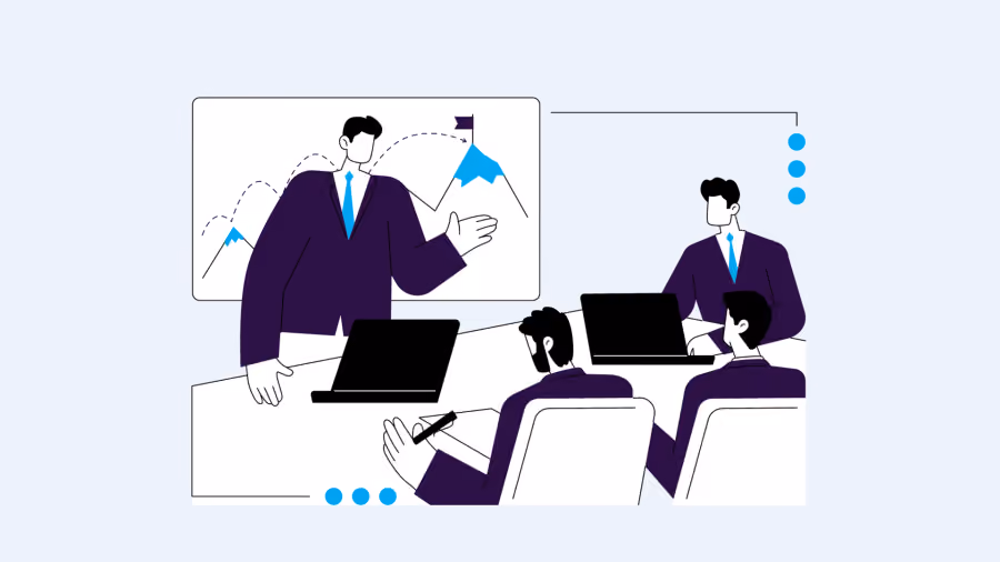Ilustração de homem de terno apresentando um gráfico com bandeira no topo para colegas sentados com notebooks