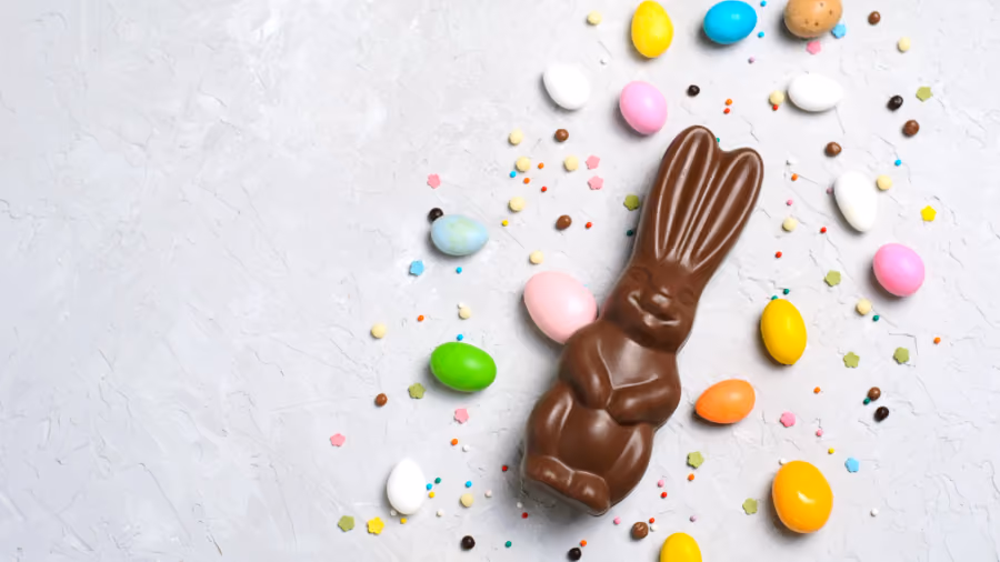 Foto vista de cima de um coelho de chocolate cercado por ovinhos coloridos e confeitos sobre superfície cinza