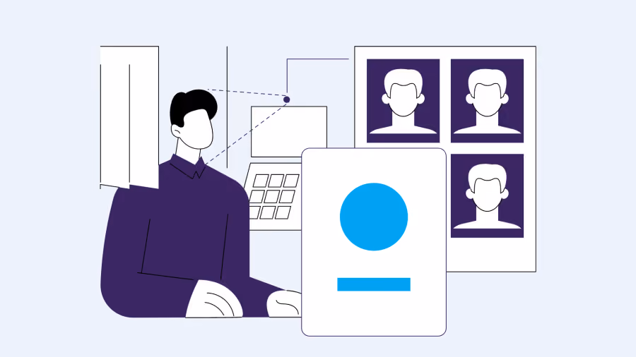 Ilustração de pessoa analisando um painel com fotos de perfil de colaboradores e um cartão com avatar em destaque