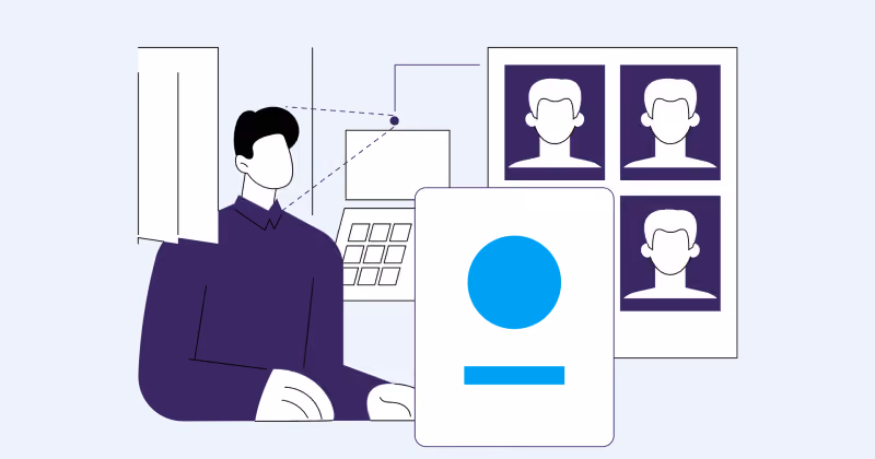 Ilustração de pessoa analisando um painel com fotos de perfil de colaboradores e um cartão com avatar em destaque