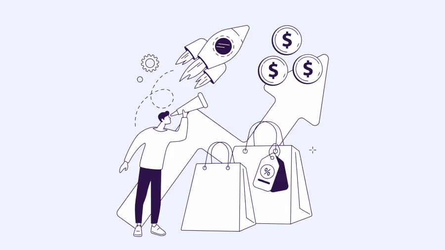 Ilustração de pessoa com megafone ao lado de foguete, moedas de dinheiro e sacolas de compras com etiqueta de desconto